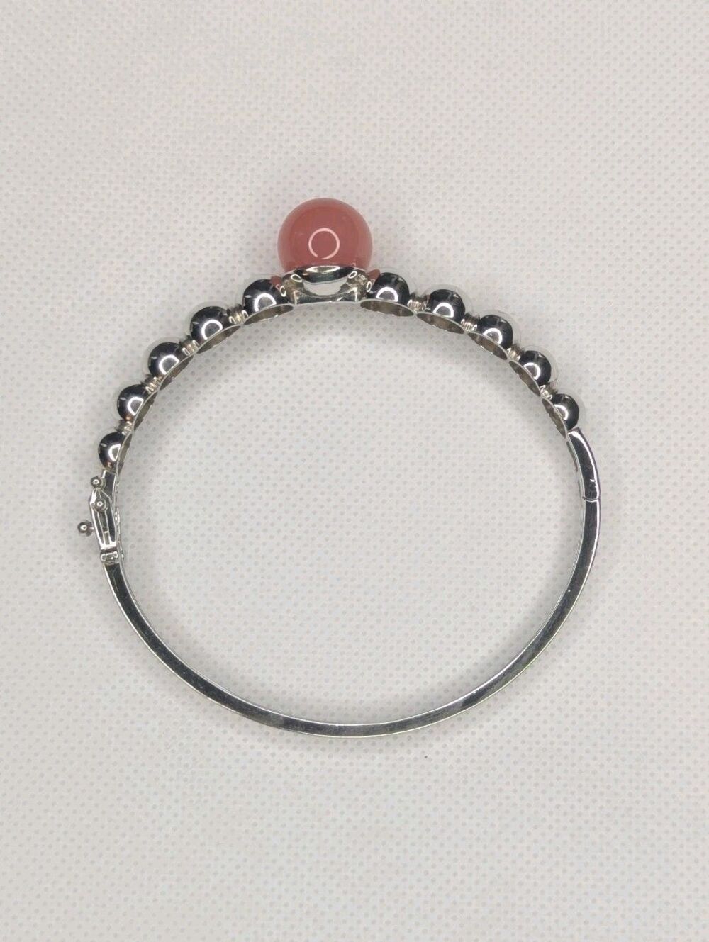 Pink Onyx Bead Sterling Silver Hinged Bangle Bracelet